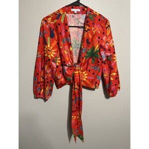 Maison d' Amelie Paris Women’s Small Funky Print Tie Front Linen Crop Top Blouse